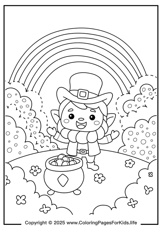 Happy Leprechaun with Rainbow and Pot of Gold Coloring Page